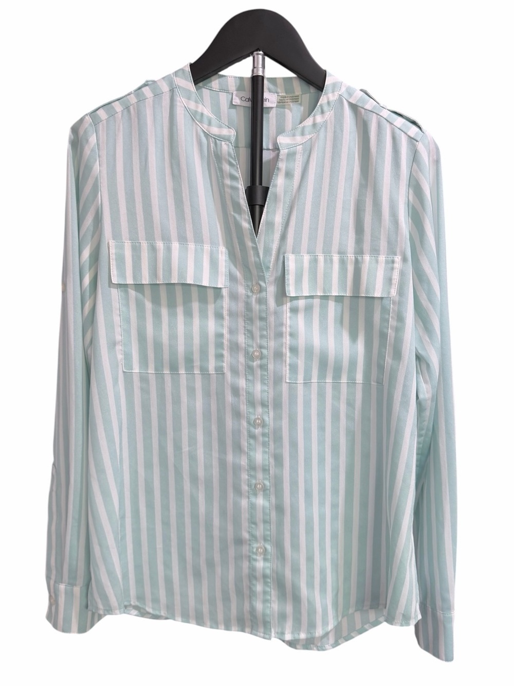 Calvin Klein Pastel Green and White Striped Button-Front Blouse